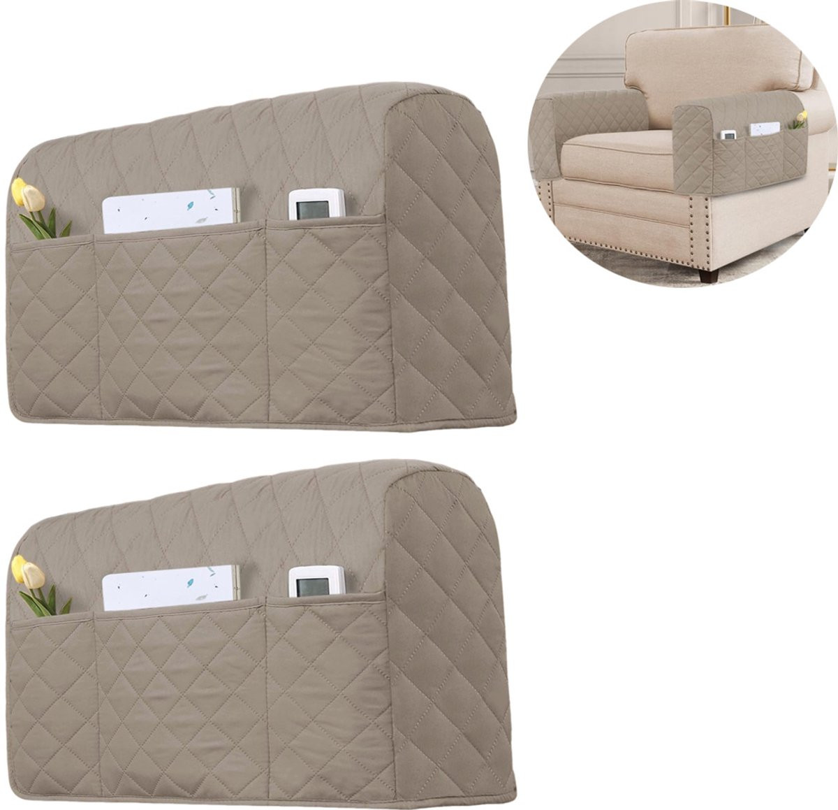 Set van 2 elastische bankarmleuninghoezen met 3 zakken - Kaki