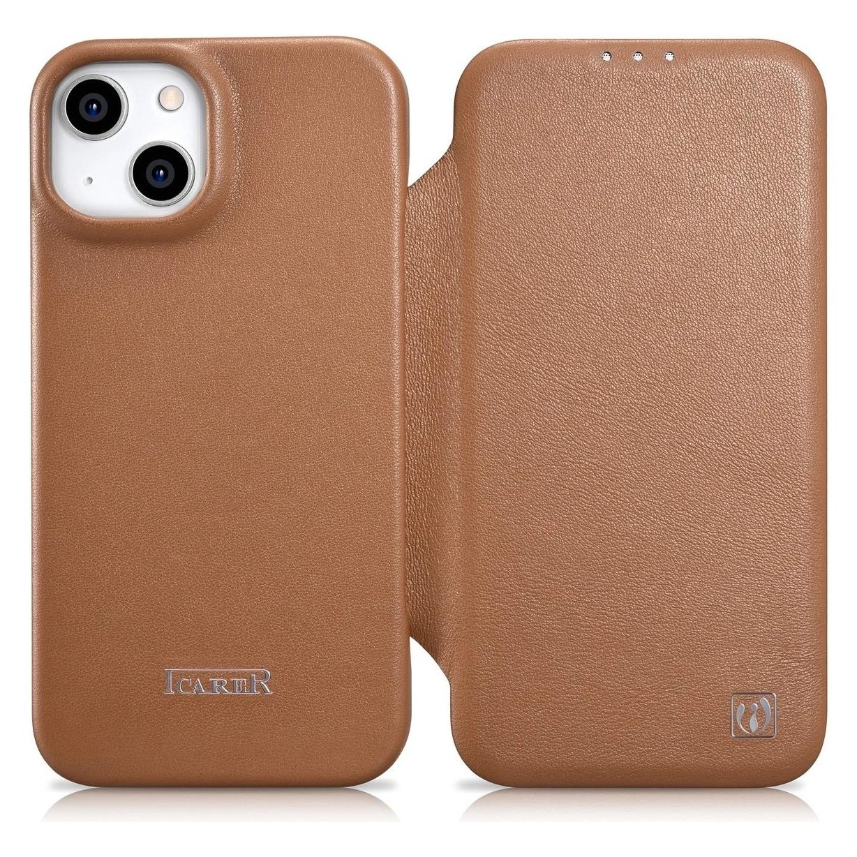 iCarer CE Premium Leather Folio Case iPhone 14 Plus Magnetic Flip Leather Folio Case MagSafe Brown ( (Apple iPhone 14 Plus) (WMI14220715-BN)