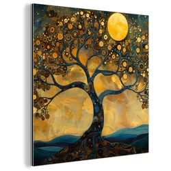 METALLBILD Baum - Mond - Blumen - Gold - Kunst 20x20 cm