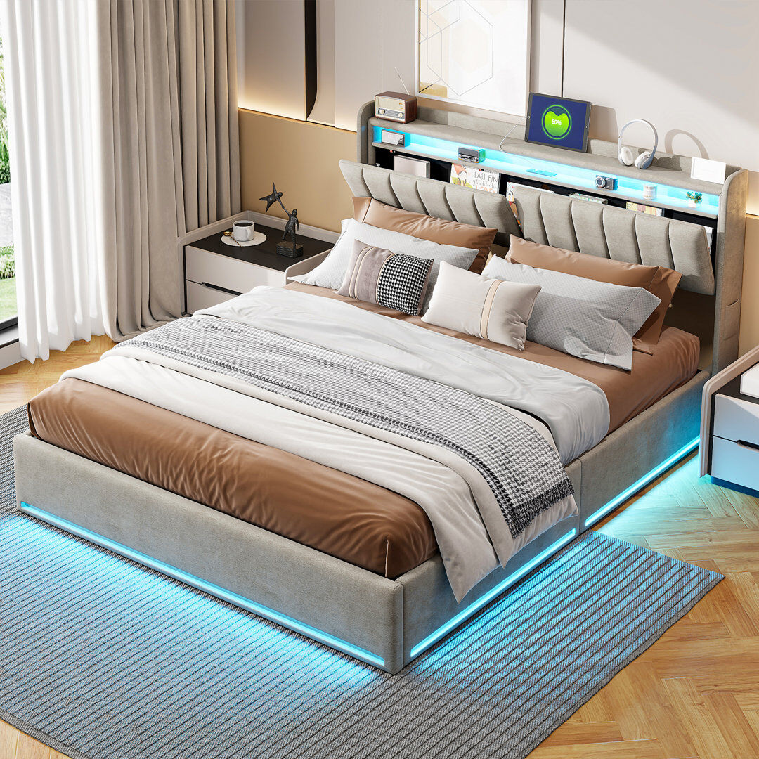Brayden Studio Upholstered Ottoman Storage Bed with LED Lighting and USB Port, Bed with Storage and Headboard Gray Kingsize (5')