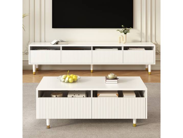 Ensemble de meuble TV et table basse LED au design vague or blanc, mobilier moderne avec 4 portes et 2 tiroirs PINGGO