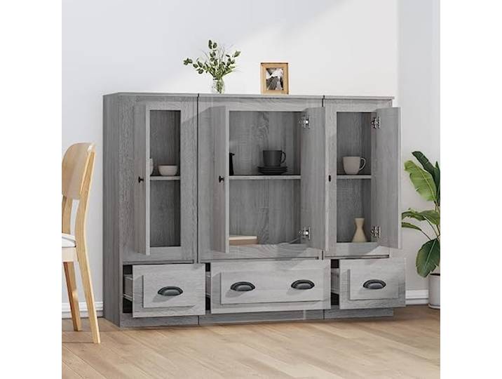 KTHLBRH Sideboards 3 Stück Grau Sonoma 132 cm Holz mehrschichtig Großer Stauraum, minimalistisches Design, glatte Oberfläche, robust und stabil, für Wohnzimmer