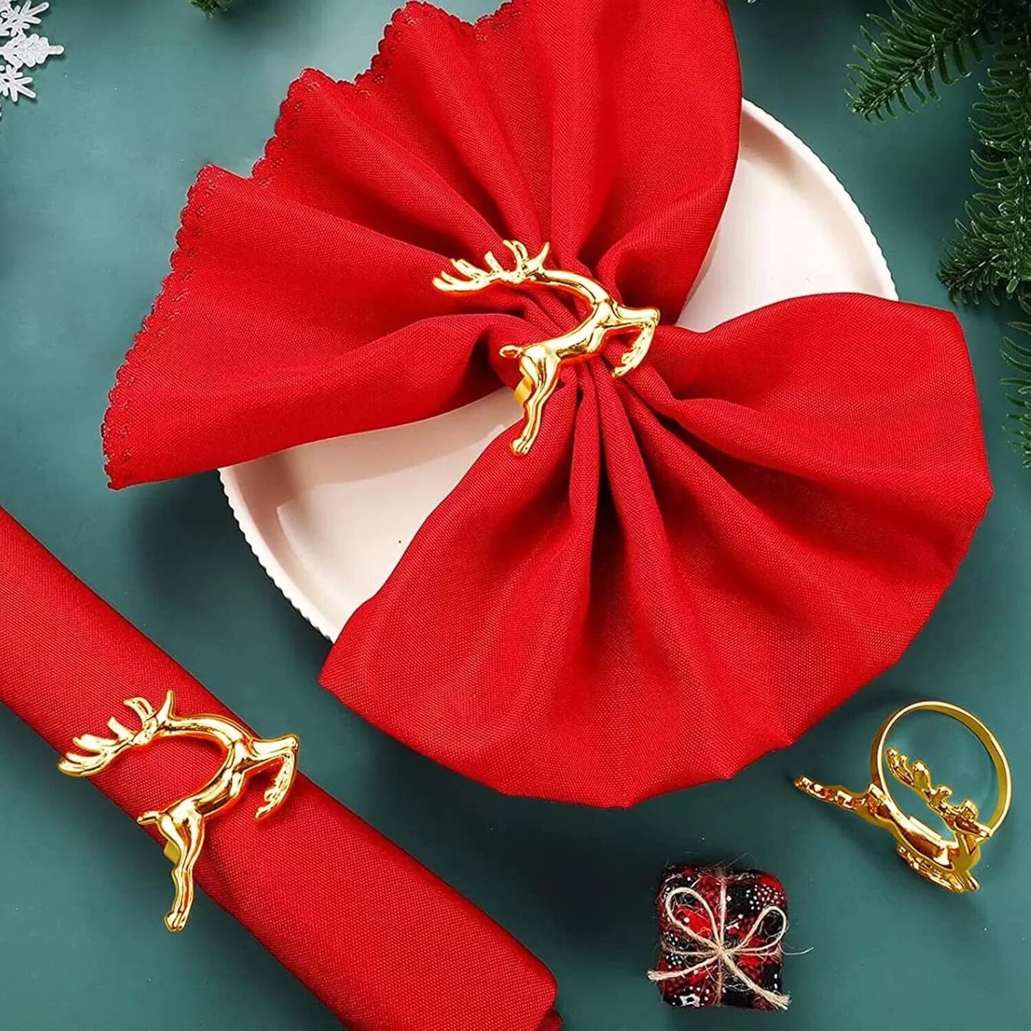 INF Weihnachtliche Serviettenringe 5,5 cm Gold (12er-Set) - Metall-Rentier-Design