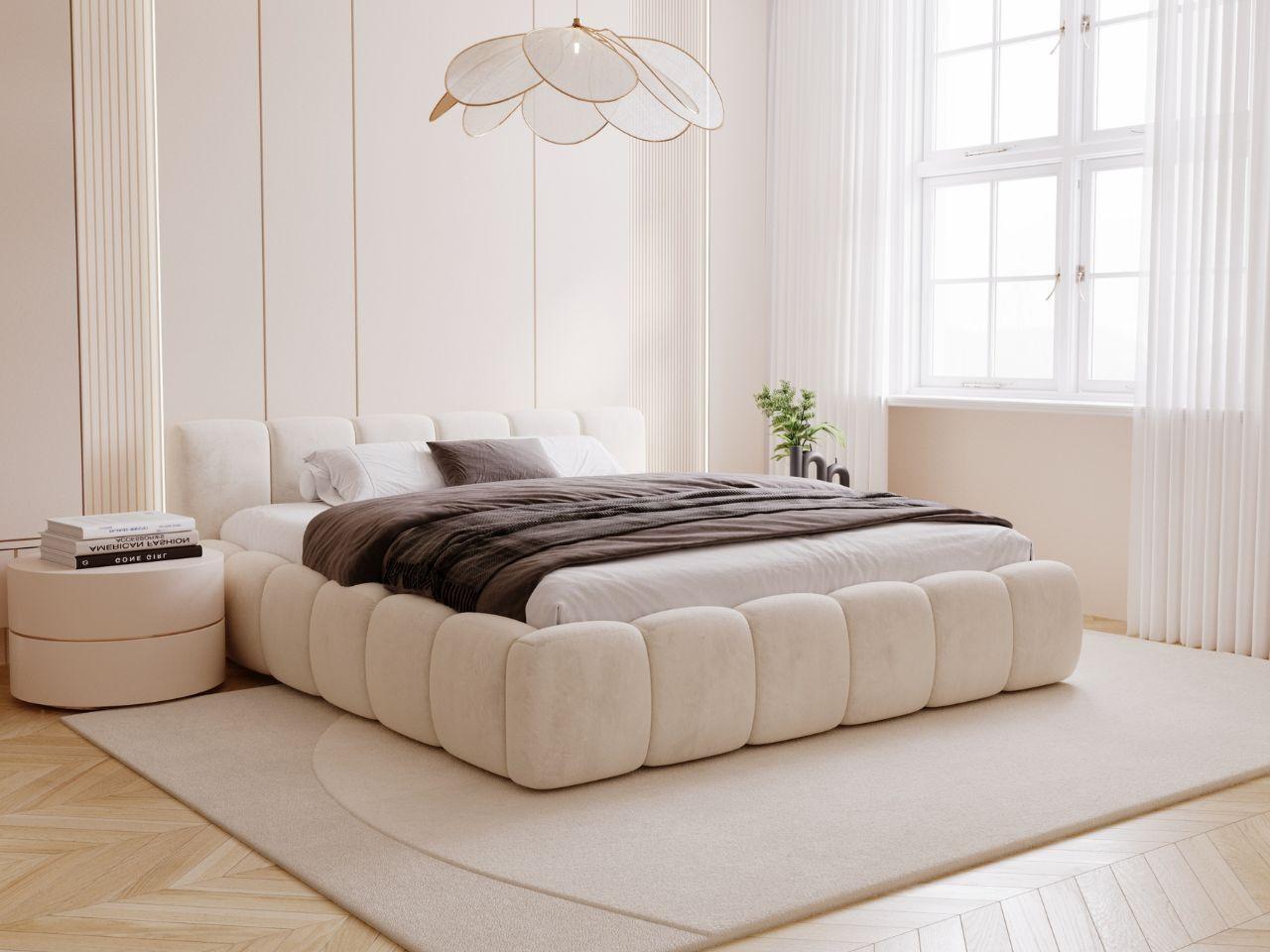 GrainGold Polsterbett Cloud Low 140x200 cm - Bett 140x200, Polsterbett mit Lattenrost und Bettkasten - Bett mit Velvet-Stoff - Beige