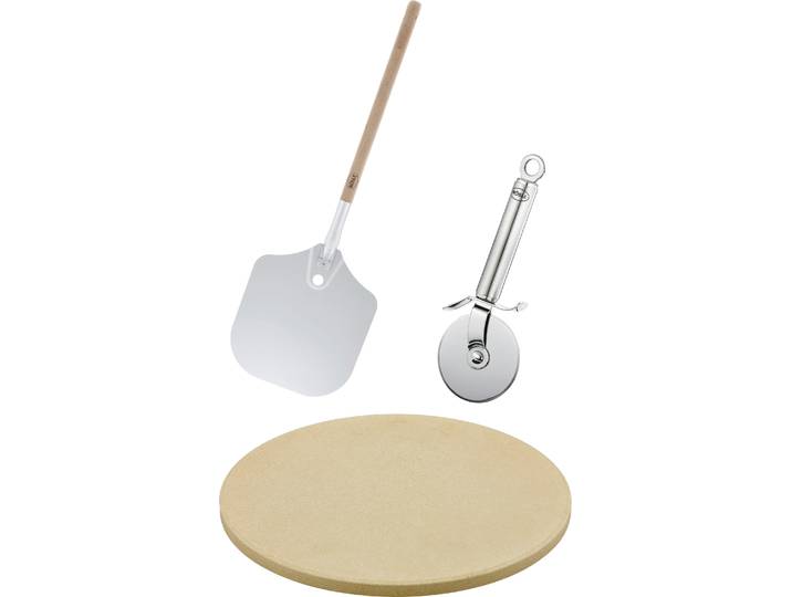 Pizzastein RÖSLE Barbecue Pizza-Set , naturstein (schamott), B:32,5cm H:7cm, Schamottstein, Backbleche, Pizzastein, 3-tlg., inkl. Pizzaschieber und Pizza- und Flammkuchenschneider