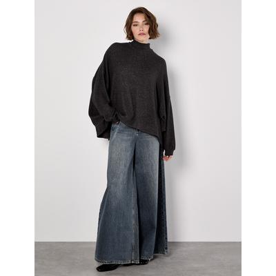Fledermauspullover APRICOT "Oversized Pullover", Damen, Gr. L (4), grau (dunkelgrau, charcoal), Strick, , Modisch, oversize normal, Fledermausärmel Strickbündchen, Pullover, mit Stehkragen