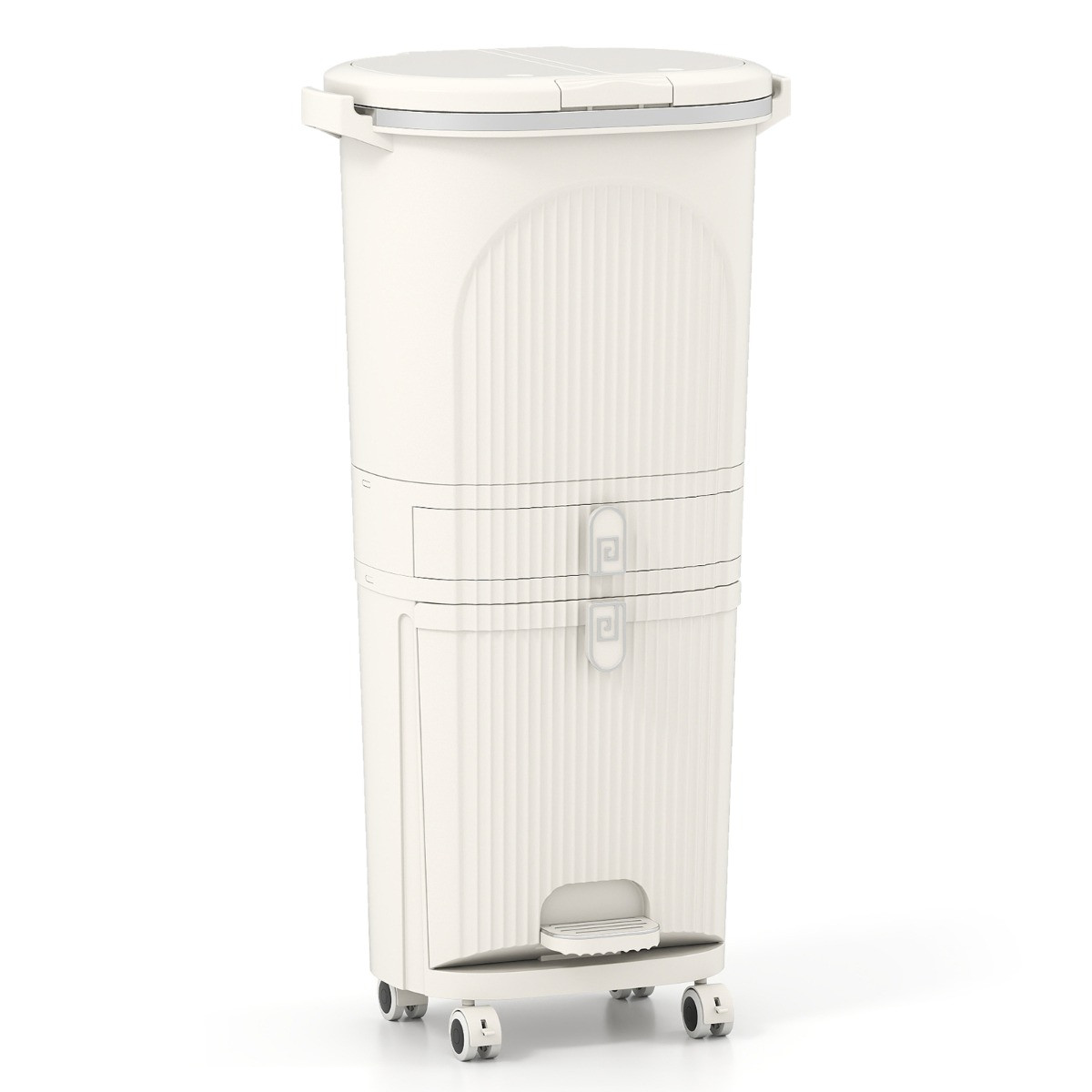 Costway Keukenafvalbak met Deksel, 42 Liter, Drie Compartimenten voor Afvalscheiding, Beige