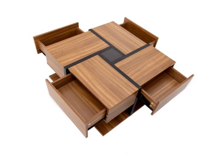 Table basse carrée noire et bois avec 4 tiroirs 78 x 78 x 36 cm