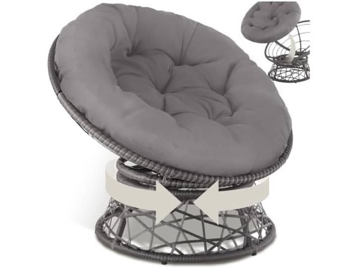 tectake® Papasansessel, gemütlicher Drehsessel mit Kissen rund, bequemer Rattansessel, Loungesessel drehbar, runder Relax Korbsessel Rattan für Wohnzimmer, Leseecke, Lounge - grau