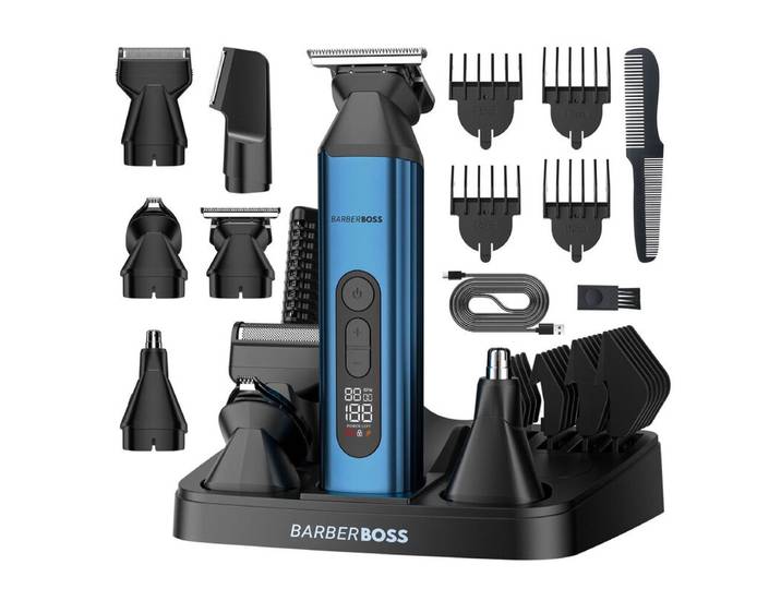 BarberBoss QR-6020 5-in-1 Baardtrimmer - Tondeuse &amp; Bodygroomer - Neus- &amp; Oortrimmer - Draadloos &amp; USB Oplaadbaar - Complete Grooming Set voor Mannen - Blauw