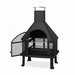 Relaxdays Terrassenofen mit Grill, Feuerstelle mit Funkenschutz, Schürhaken, massiv, Stahl, 110 x 63 x 51 cm, schwarz