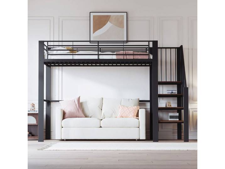 Lit mezzanine 90x200 métal robuste rangement spacieux sous lit & escaliers idéal enfants/adultes - Sans Matelas
