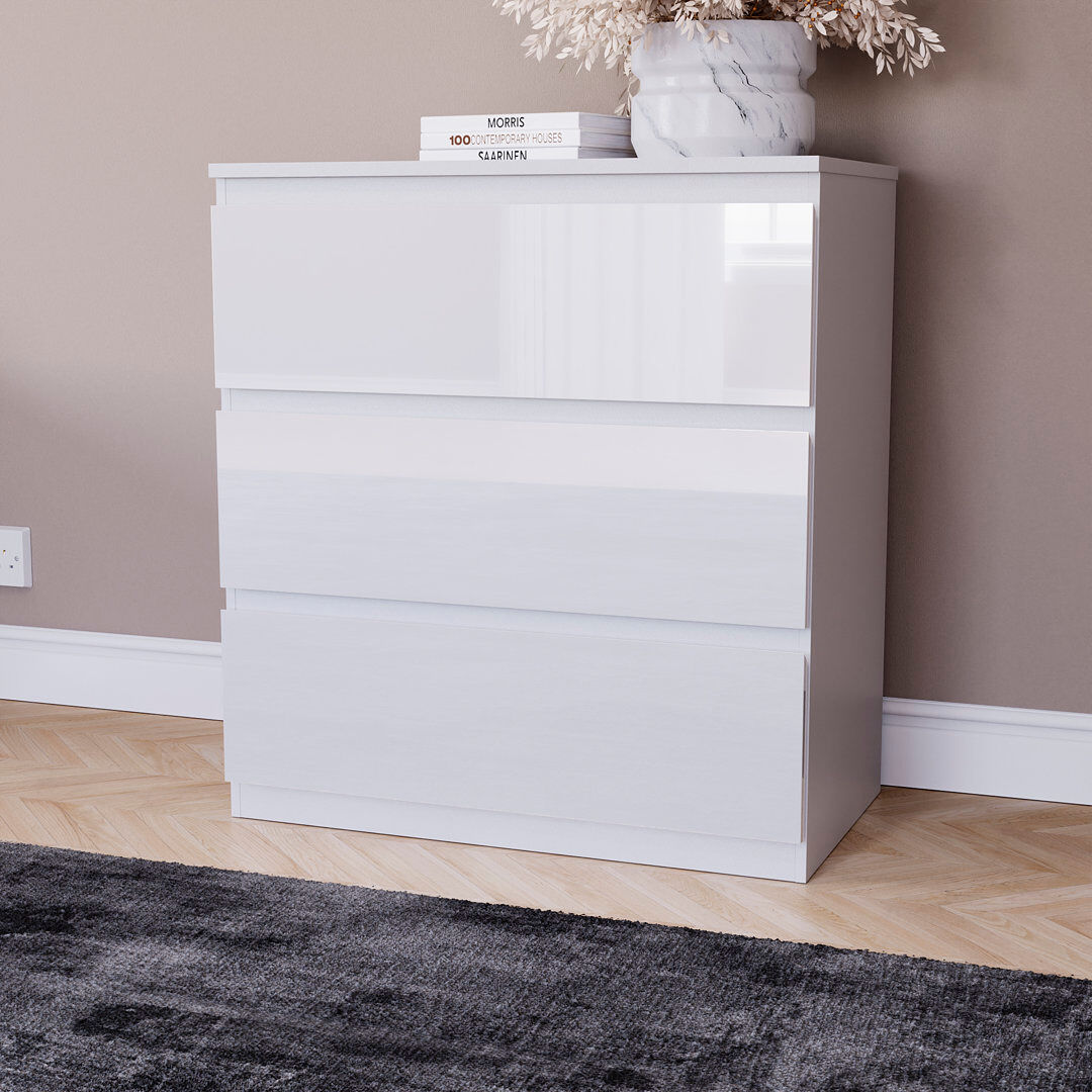 17 Stories Oslo 3 Drawer High Gloss Chest, (FSC 100%) Bedroom Home Furniture White 73.5cm H X 65cm W X 35cm D