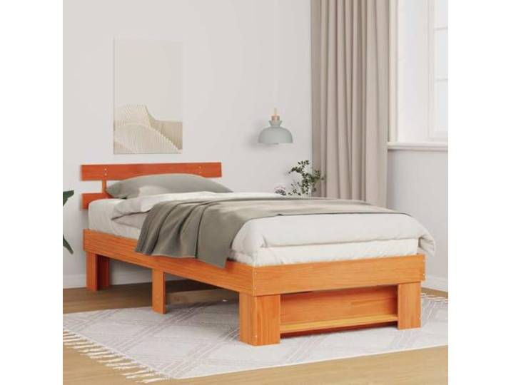 Massives Kiefernholz Bettrahmen mit Kopfteil Modern 100 x 200 cm Braun Bettrahmen Wachsbraun Massives Kiefernholz 100x200 cm Bettgestell Mit Kopfteil Stabil Lattenrost Modernes Bett