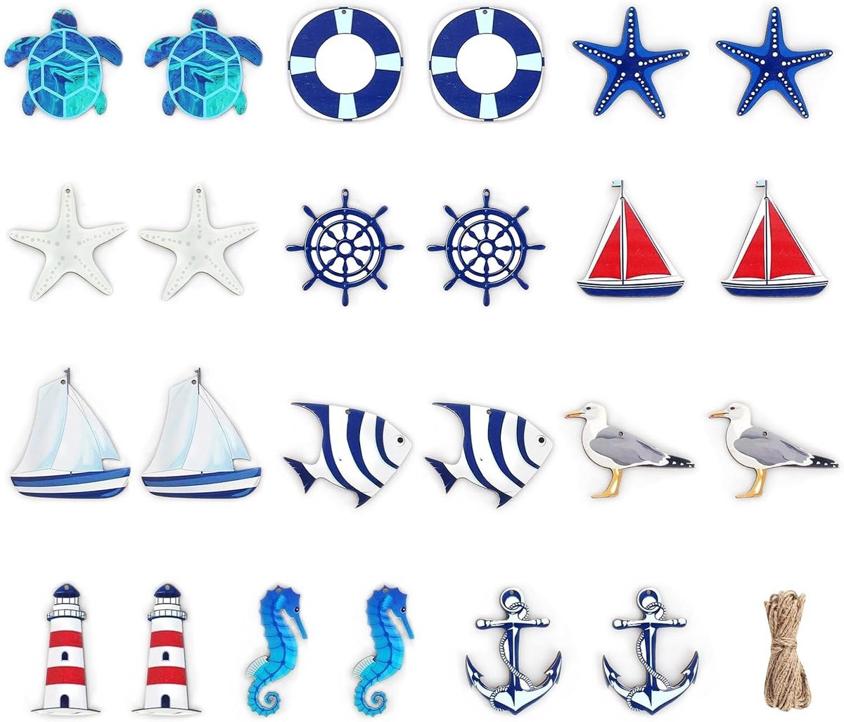 24-delige Maritieme Hangers voor Nautische Wanddecoratie met Sterren, Ankers en Vissen