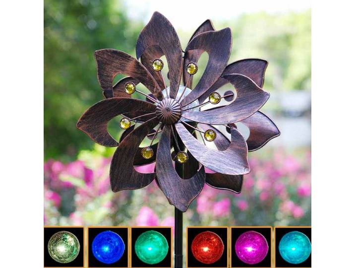 Moulin à vent solaire avec boule de verre, lumière LED à couleur changeante, avec moulin à vent cinétique, double Direction pour Patio, pelouse, jardin, vacances