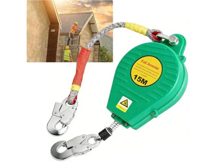 IELSH Höhensicherungsgerät Absturzsicherung 3m/5m/7m/10m/15m/20m (15m) 150KG Absturzsicherung Dachdecker mit Selbstsicherndem Haken, Grün/Gelb Absturzsicherung Einziehbar für Höhenoperationen