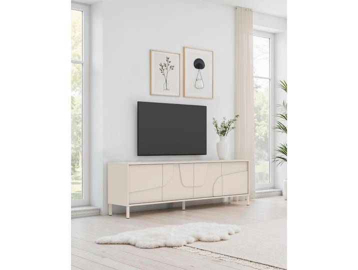 Lowboard GOODPRODUCT Stone, 205 cm breit, 4 Türen, TV-Schrank, TV-Kommode, Medienboard , beige (cashmere, fronten in 3d, design), B:205cm H:62cm T:40cm, Sideboards, Lowboard, 3D-Design, Push-to-open, Innenraum grosszügig, Füsse 14/2 cm wählbar