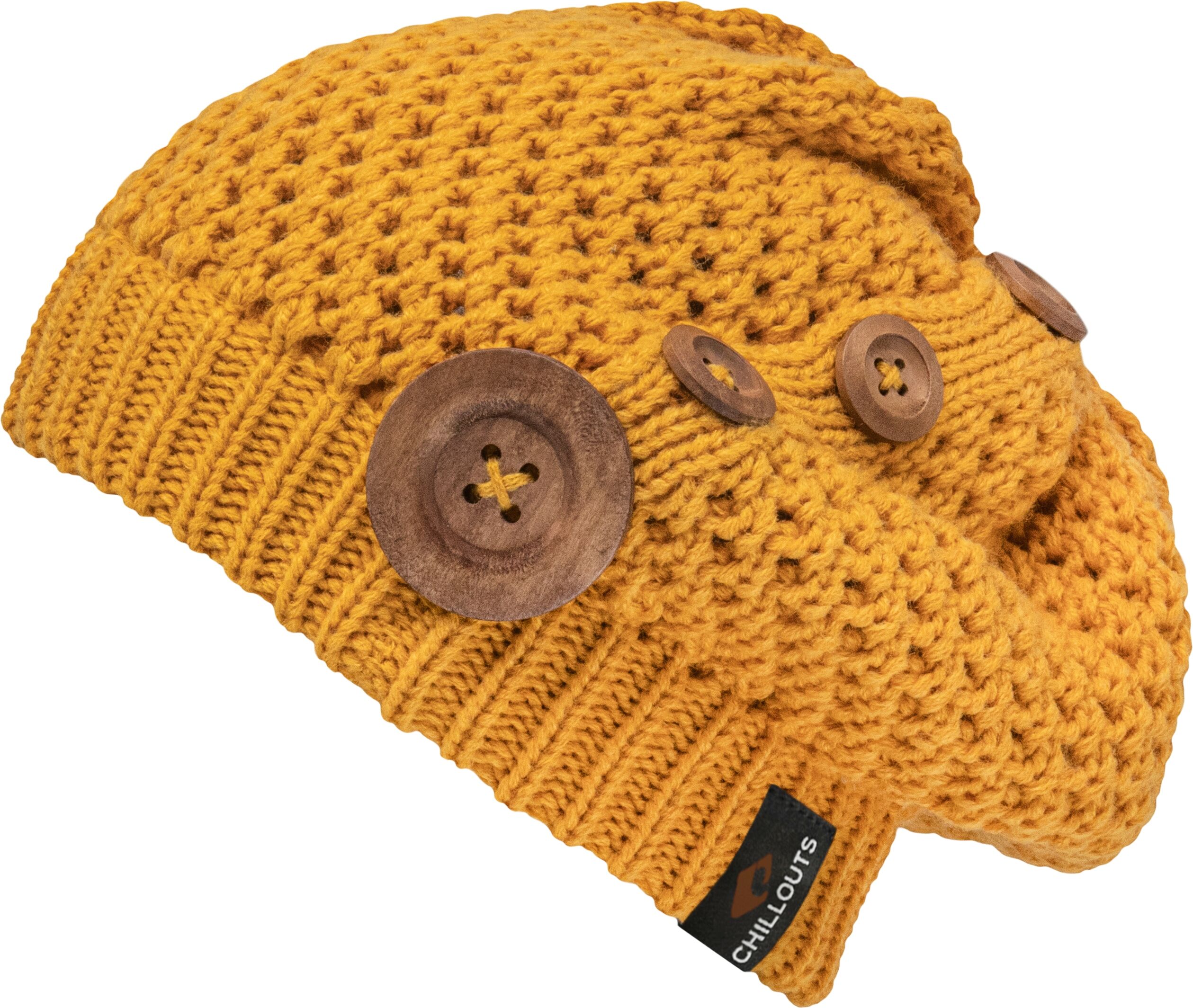 Beanie CHILLOUTS "Nelly Hat", gelb (curry), Obermaterial: 100% Polyacryl, Mützen Beanie, mit modernem Strickmuster und Zierknöpfen curry Einheitsgröße