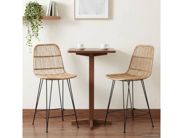 VIHHQGC Barhocker 2er Set Natur 44 x 54 x 96 cm Rattan und Stahl Rattansitz, Stahlrahmen, Fußstütze, pflegeleicht, modernes Design, vielseitig einsetzbar