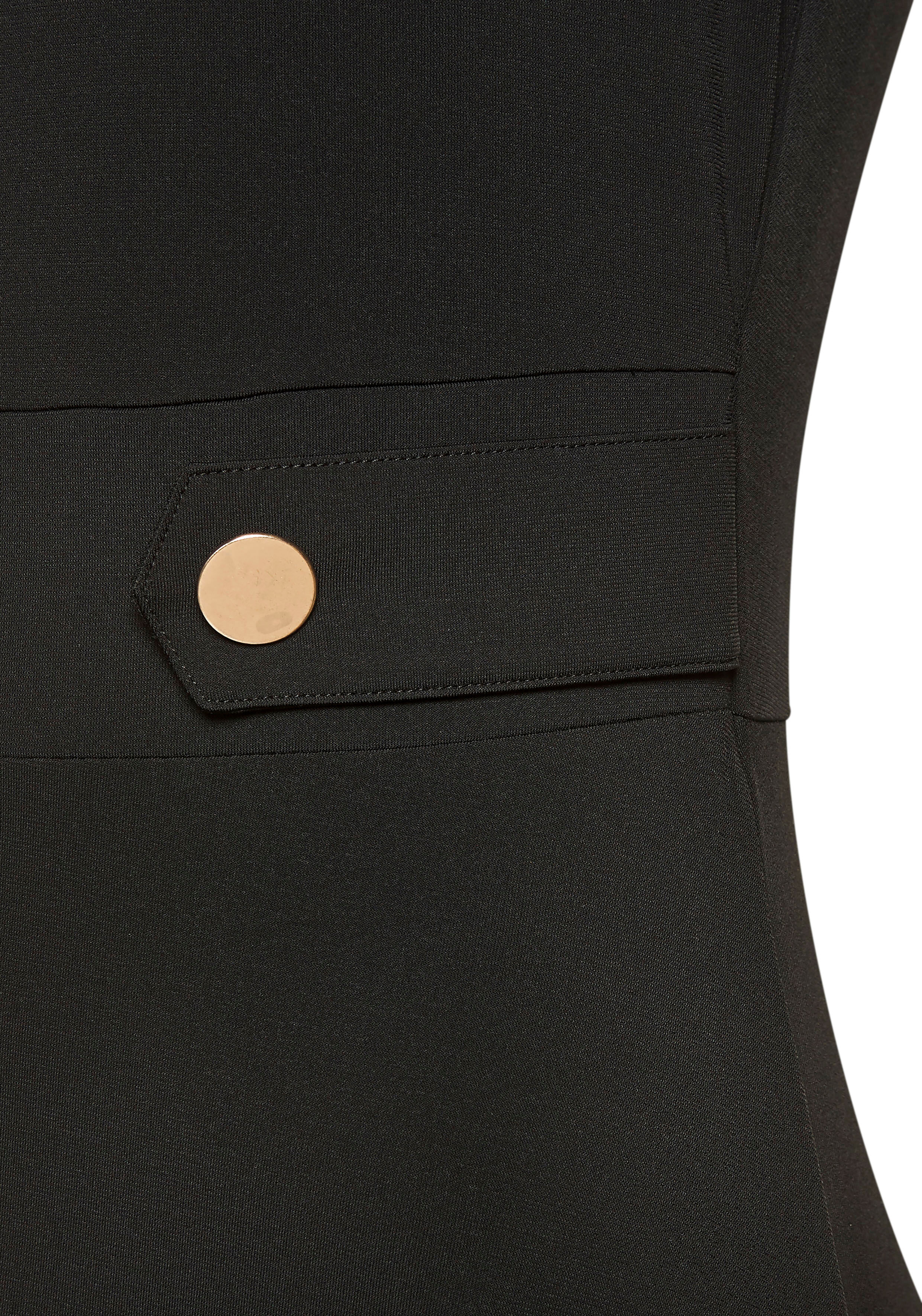 Midikleid LASCANA "mit dekorativen Riegeln und goldenen Zierknöpfen, bügelfreie Qualität", Damen, Gr. 38, N-Gr, schwarz, Jersey, Obermaterial: 95% Polyester, 5% Elasthan, unifarben, figurumspielend kniebedeckend, Rundhals, Kleider Midikleid, Elegantes Som