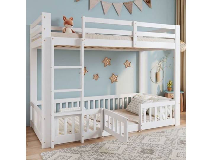Lit Superpose 90x200cm Pin/LVL Blanc - Escalier Angle Droit + Rampe/porte Scurit Antichute - Espace Libre Sous Lit - Lit enfant