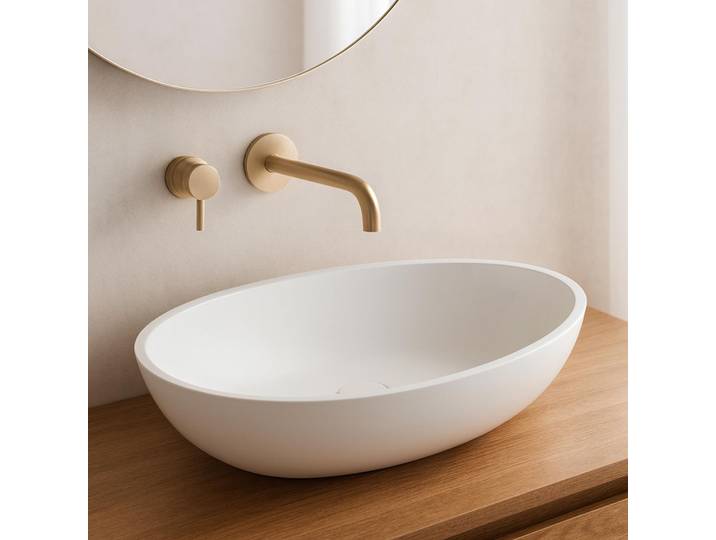 Vasque de salle de bain à poser ovale, blanc brillant, résine composite - Vase