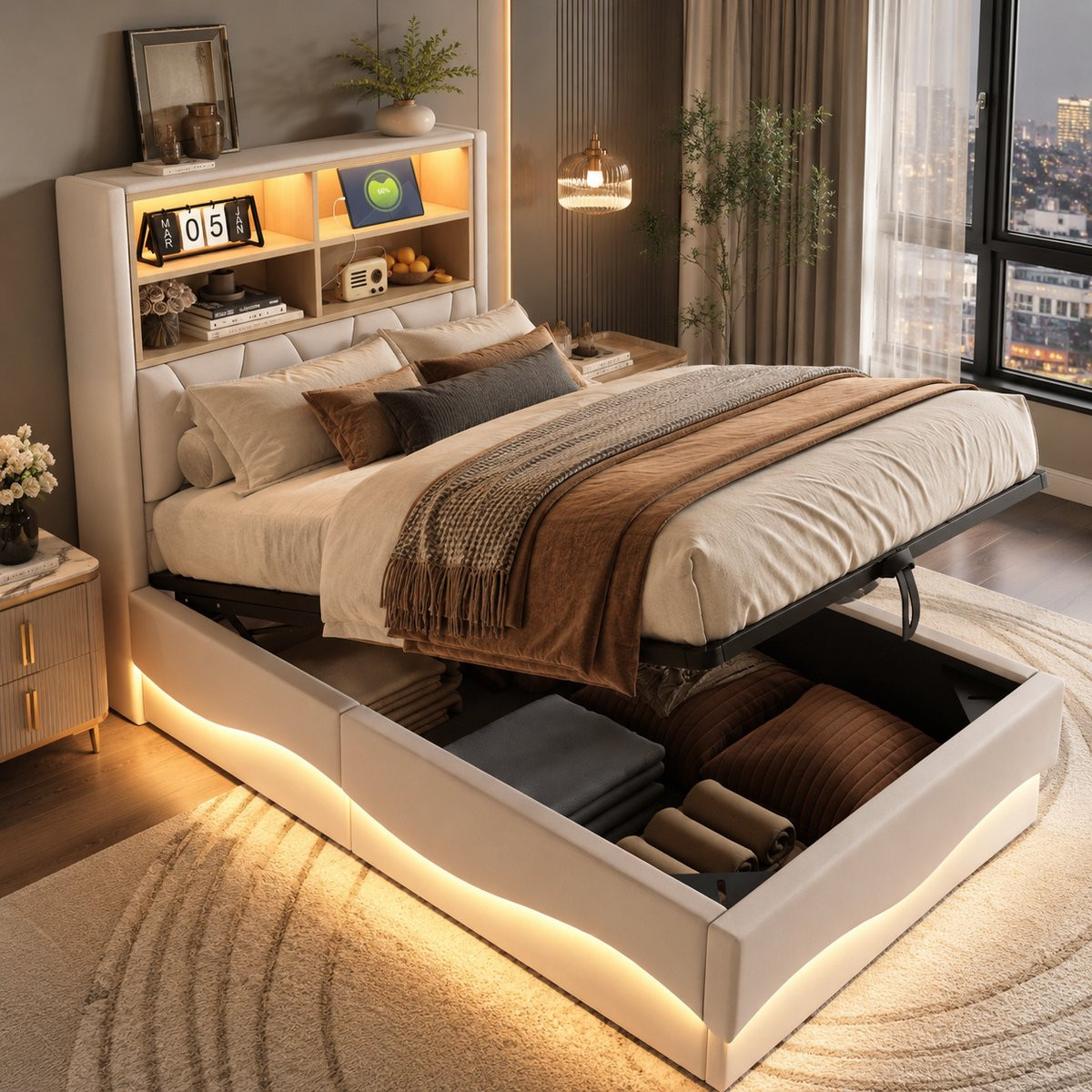 Multifunctioneel eenpersoonsbed met opbergruimte, LED-verlichting en USB-oplaadpoort - Beige - 90 x 200 cm