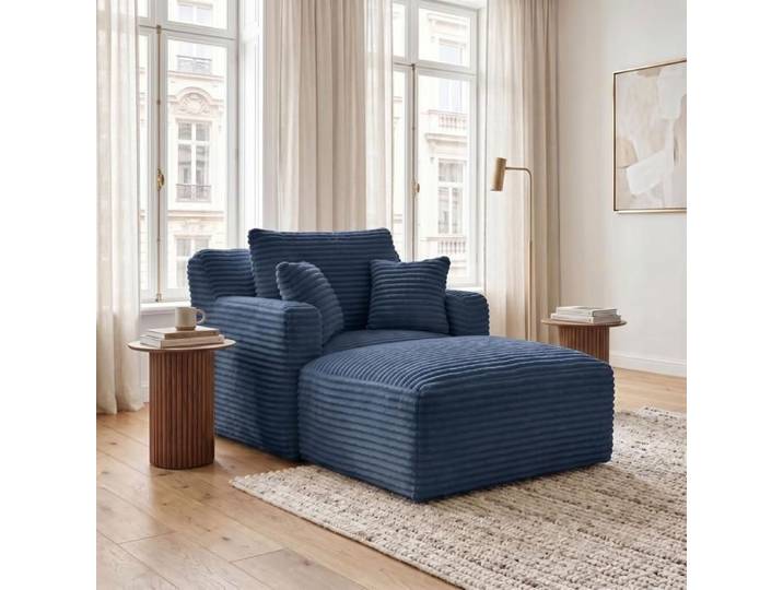 Chaise longue - FURNITURER - Convertible 3-en-1 - Tissu corduroy bleu - Mousse haute densité - Sans montage