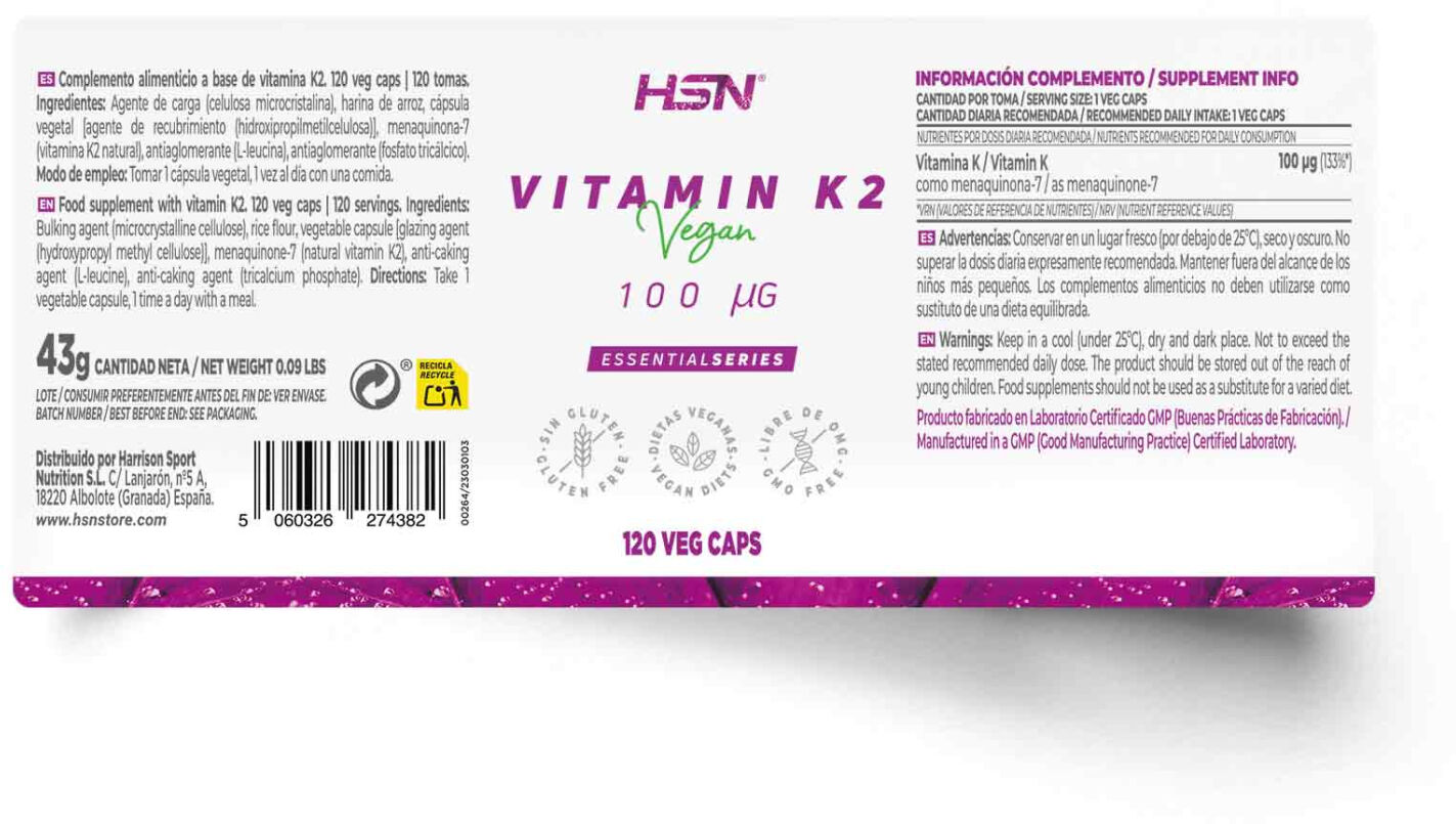 HSN Vitamina K2 100mcg - 120 veg caps - Huesos y articulaciones - Cápsulas Vegetales - 120  Servicios