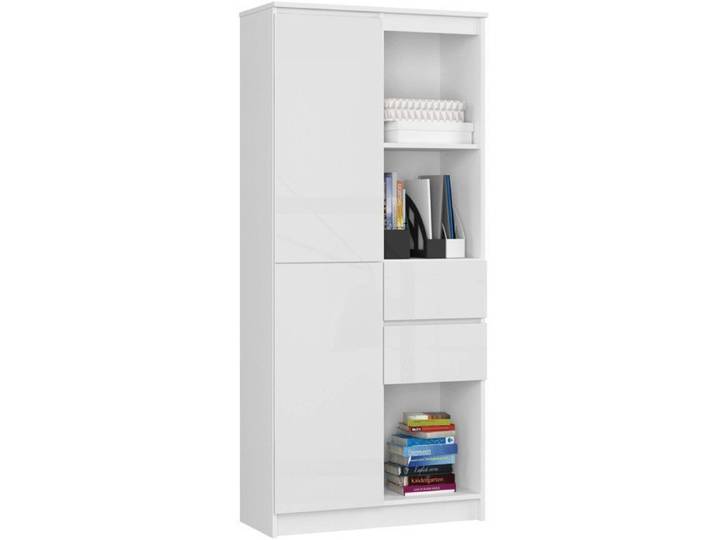 Bibliothèque de bureau AKORD R15 Blanche 80 cm 1 porte 2 tiroirs façade Blanche Brillante 7 étagères 80x35x180 cm