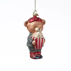 MARELIDA Weihnachtsbaumschmuck Bär im Schlafanzug mit Popcorn Glas H: 13cm
