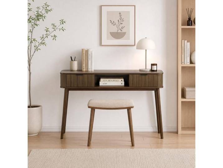 Console En Bois Noyer 2 Tiroirs Table D'Entrée Mid-Century FloraGrace Pour Salon Et Couloir Avec Niche Ouverte 120x35x77 6cm