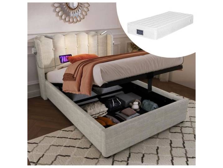 Lit Coffre 90x200cm - Beige - A lattes - Contemporain - Design