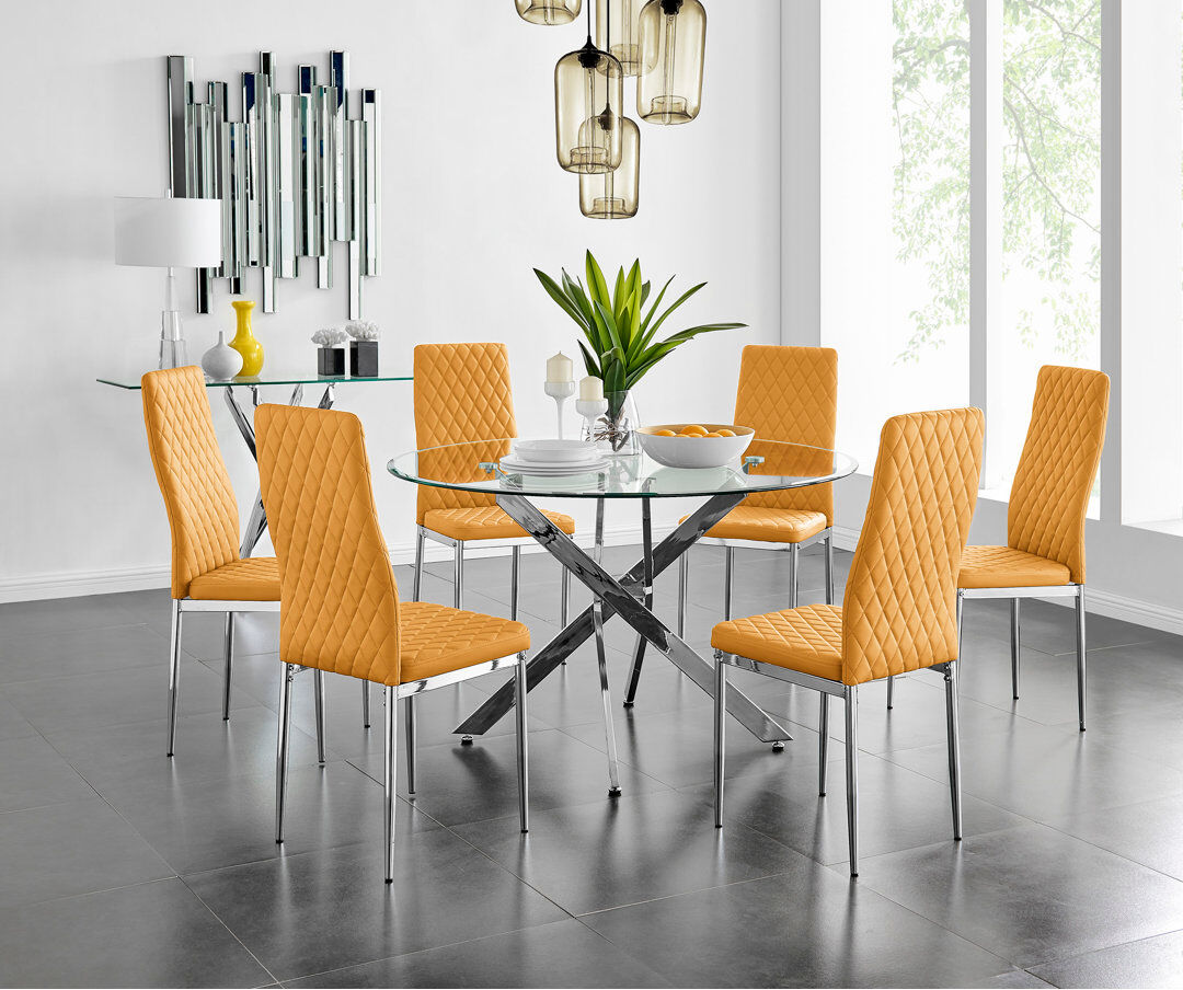Canora Grey Tierra Modern Chrome Metal & Glass Round Dining Table Set with 6 Quilted Faux Leather Chairs Mustard 6