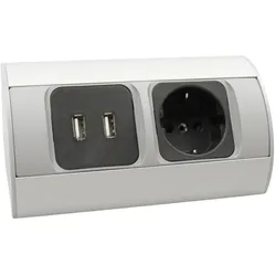 kalb   2-fach Ecksteckdosenleiste zur Montage, 1x 230V und 2x USB Steckdosen, Anschlusskabel ohne Stecker, silber/schwarz