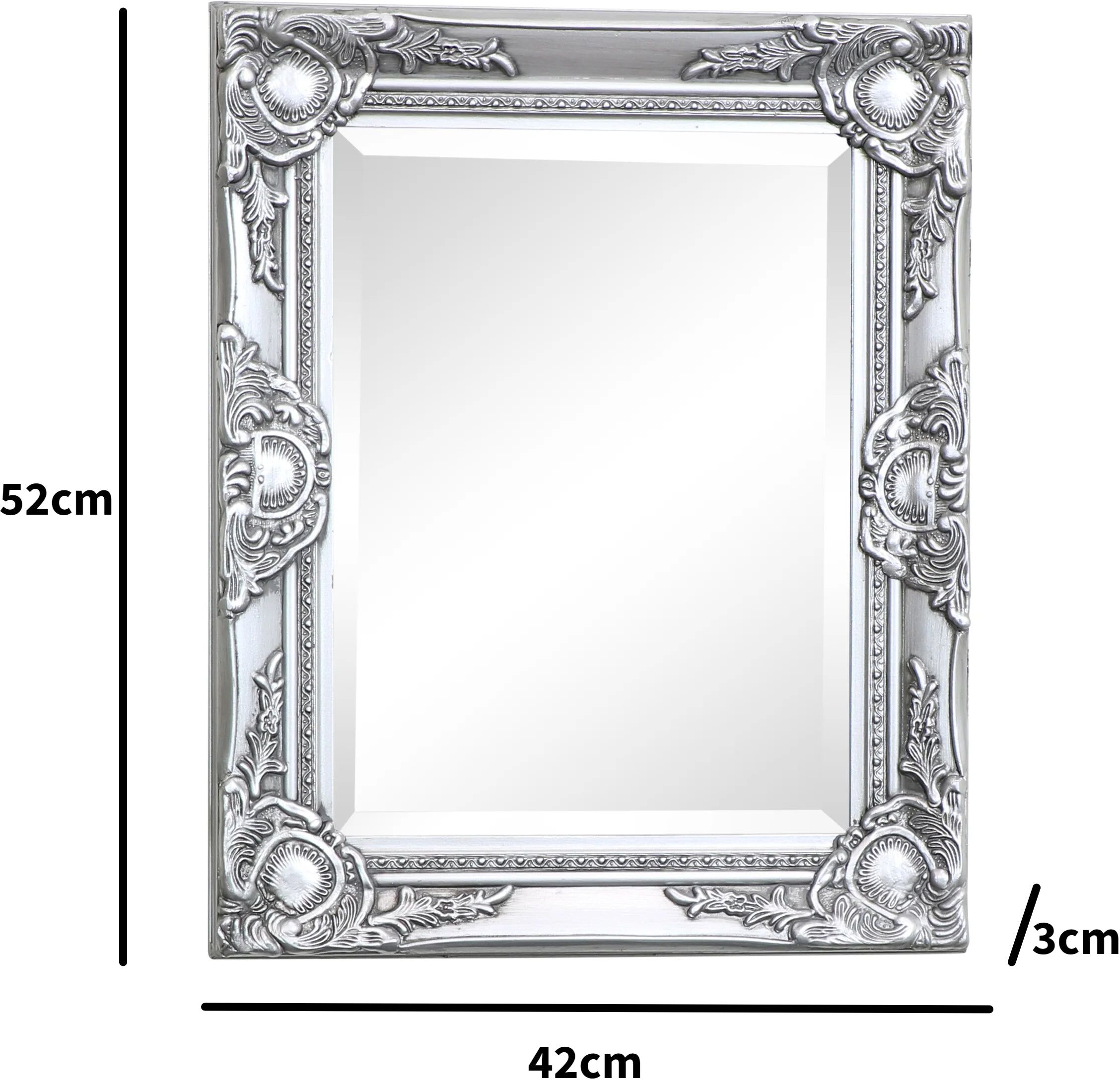 Ornate Silver Wall Mirror with Bevelled Glass 52cm x 42cm Resin, Glass