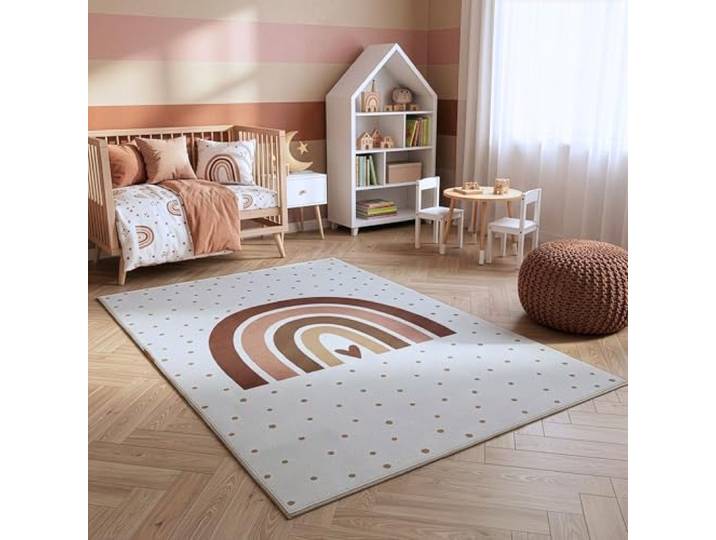 HomebyHome Kinderteppich Regenbogen Spielteppich für Kinderzimmer in Creme mit Herz Motiv Größe 200x290 cm ideal für Spielzimmer