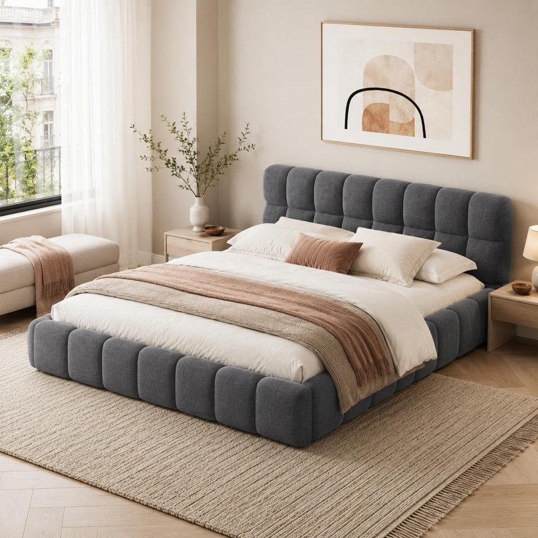 17 Stories Upholstered Double Bed with Unique Mattress Design Grey Kingsize (5')