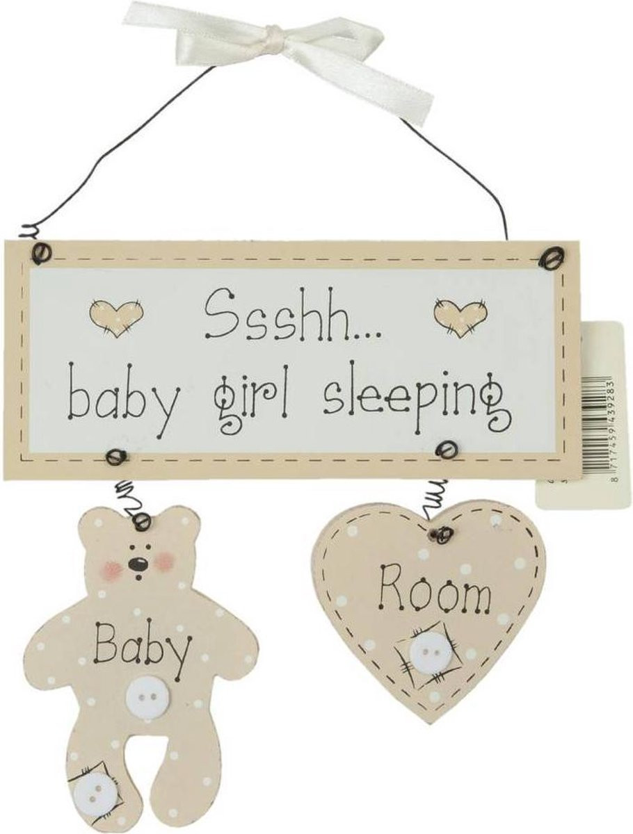 Clayre & Eef Houten hanger baby girl is sleeping - Natuur - 17 x 18 cm