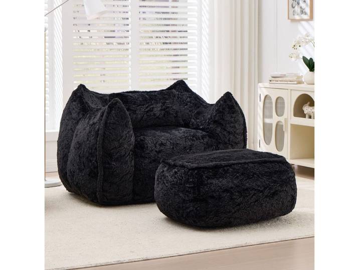 WOVREO Fauteuil poire géant en faux fur noir avec pouf sans assemblage mousse déchiquetée haute densité