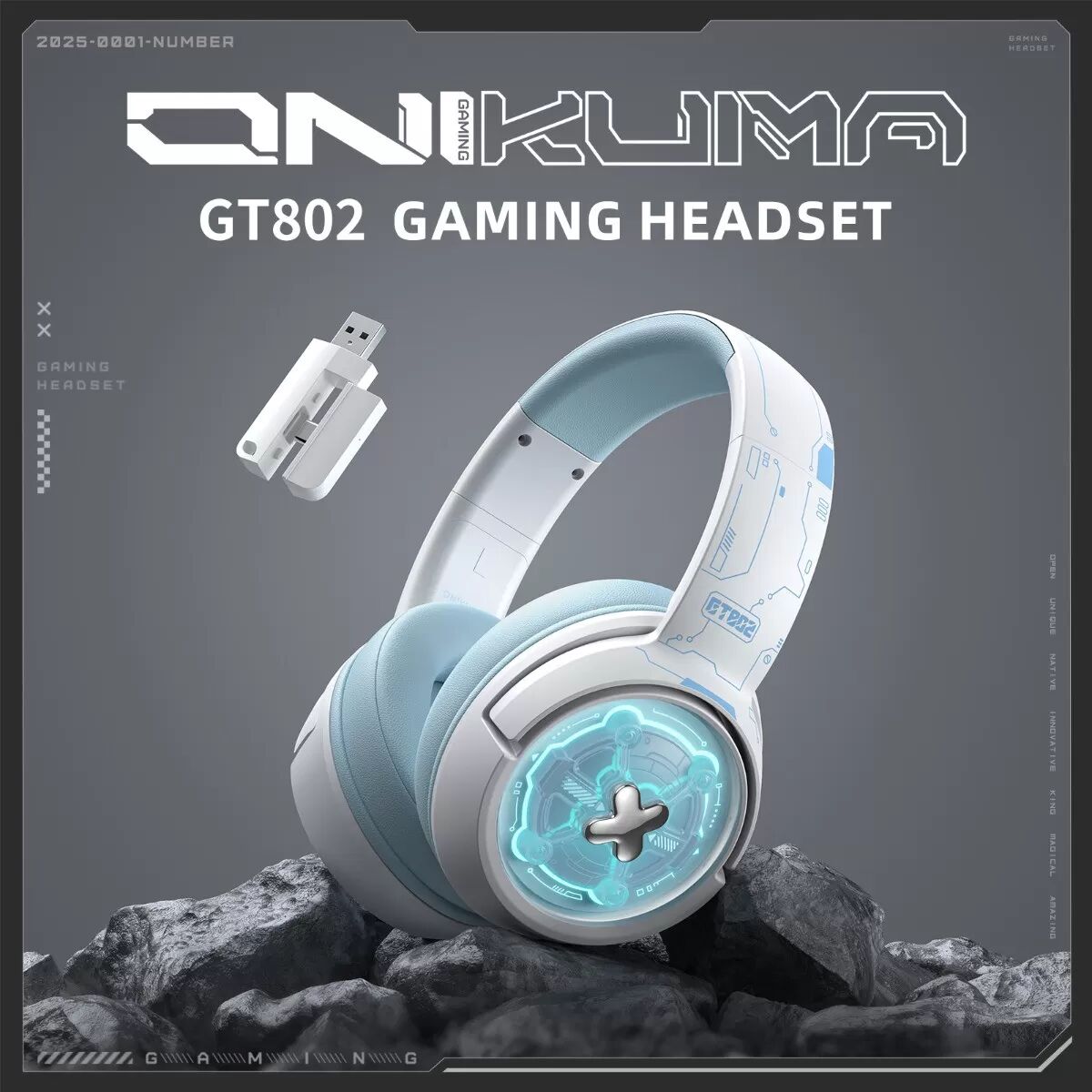 INF GT802 Over-Ear Gaming-Headset Tri-Modus (2.4G + Bluetooth + Kabel) — Low-Latency ≤30 (2.4G), 50mm Treiber, Blau + Weiß