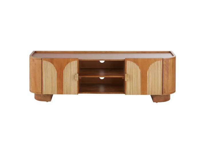 TV-Möbel mit 2 Türen aus massivem Mangoholz, Rattan und messingfarbenem Aluminium, B160