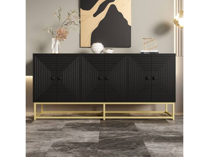 Buffet moderne - 6 portes - Noir mat - Grand espace de rangement - Design épuré