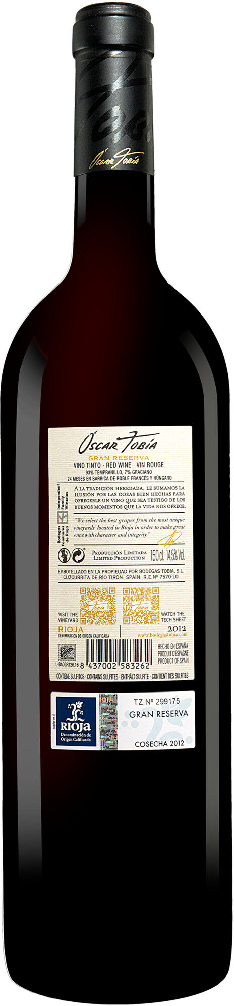 Óscar Tobía Gran Reserva - 1,5 L. Magnum 2012 14.5% Vol. Rotwein Trocken aus Spanien