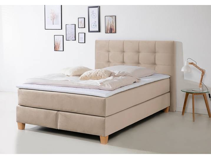 Boxspringbett, Samtstoff, Beige, 154×211 cm, Inkl. Topper, 7-Zonen-TFK-Matratze, Klassisch, Home-affaire
