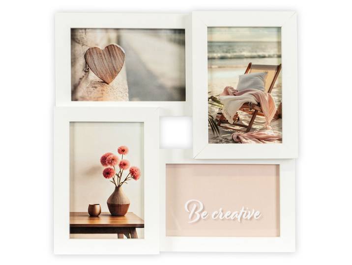 Bilderrahmen Collage QUEENCE Rahmen 3D Holz in weiss , weiss (weiß), B:29cm H:29cm T:3cm, MDF, Bilderrahmen, Bilderrahmen Collage, Platz für 4 Fotos in 10x15cm