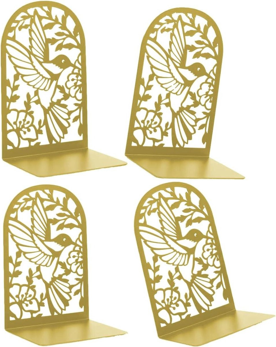 Set van 4 decoratieve metalen boekensteunen met vogel design in goud