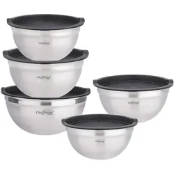 Cheffinger 5er Schüssel Set Edelstahl mit Deckel, Schüssel + Schale, Mehrfarbig
