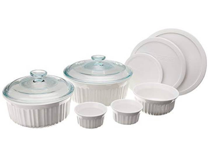 CorningWare Backformen-Set aus Keramik, mit Deckel, splitter- und rissfest, aus Steingut, für Mikrowelle, Spülmaschine, Backofen, Gefrierschrank und Kühlschrank, Weiß